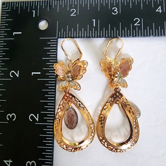 Tricolor Gold Drop Filigree Earrings  Butterfly with Virgin Mary - Picture 10 of 10